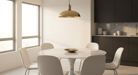Modern minimalist dining room interior with round marble table and stylish lighting.