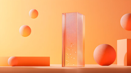 Orange textured spheres and translucent rectangular prism with geometric shapes on a peach background