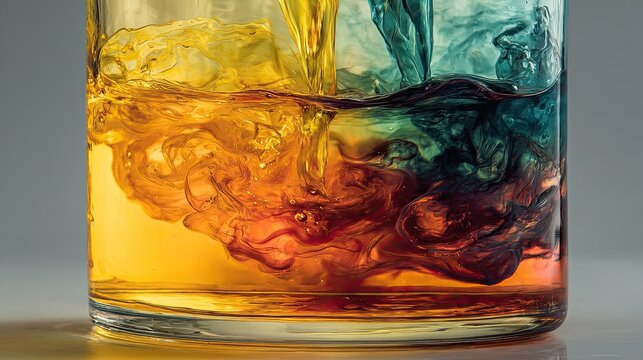 Colorful liquids mixing in a glass