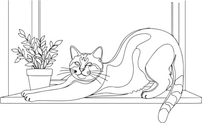 Adorable cat stretching on a windowsill next to a potted plant line art