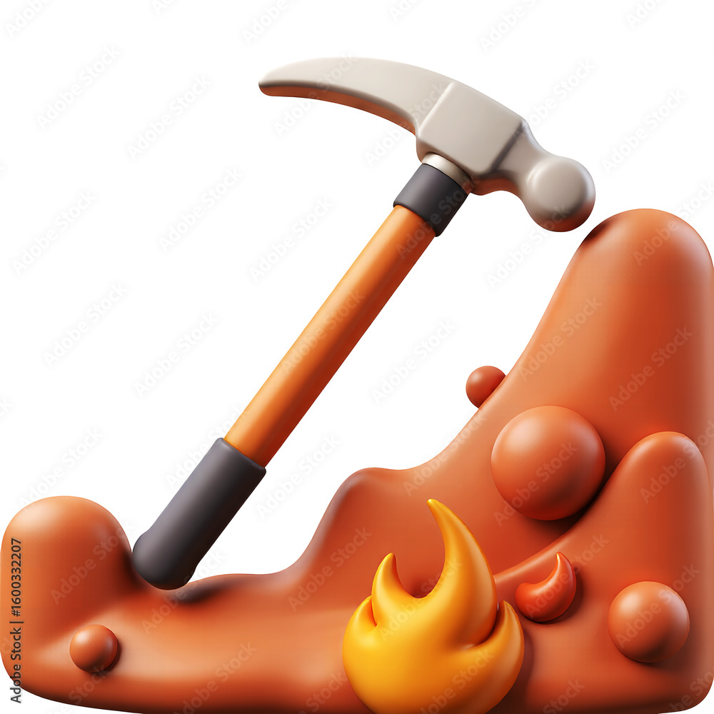 Poster a stylized hammer resting on an orange surface with a flame element present below it on transparent 