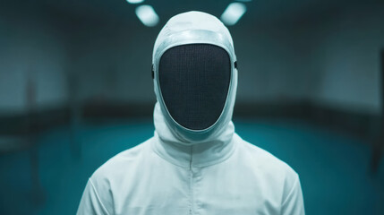 Fencer in white suit stands in training facility, their breath visible through mask in cold air, creating striking and intense atmosphere