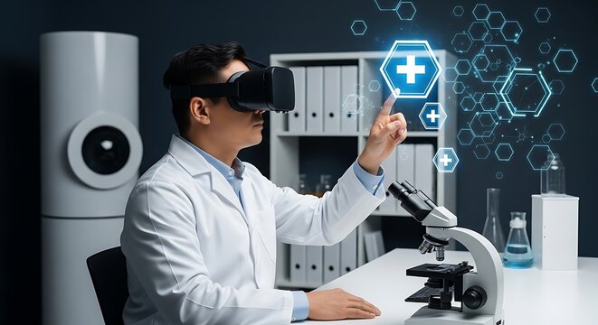Scientist using vr headset in lab interacting with digital medical interface over microscope setup