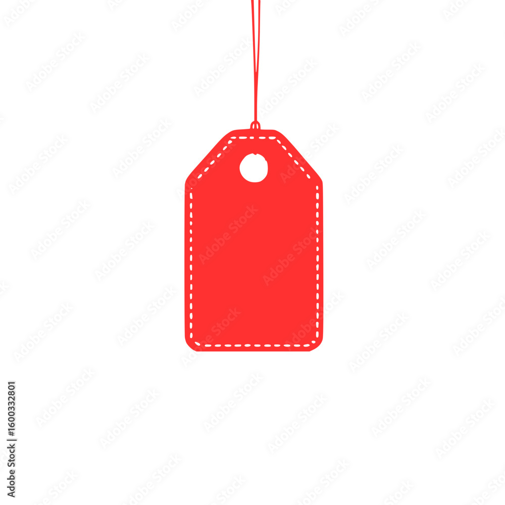 Poster bright red sale tag hanging with a thin string and dashed outline