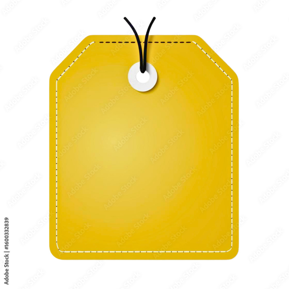 Poster bright yellow rectangular tag with rounded corners and string attachment