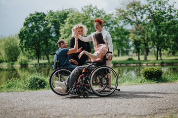 Friends sharing joyful moments together outside, fostering companionship and inclusivity surrounded by serene nature