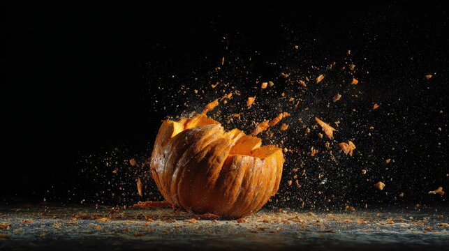 Shattered pumpkin exploding into pieces on dark background with flying fragments, symbolizing Halloween horror themes, spooky decorations, and dramatic seasonal compositions - Powered by Adobe