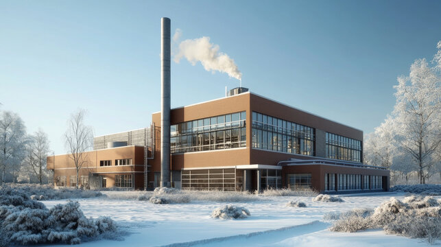 Industrial building with tall chimney and snowy landscape. Applicable for articles about industry and architecture.