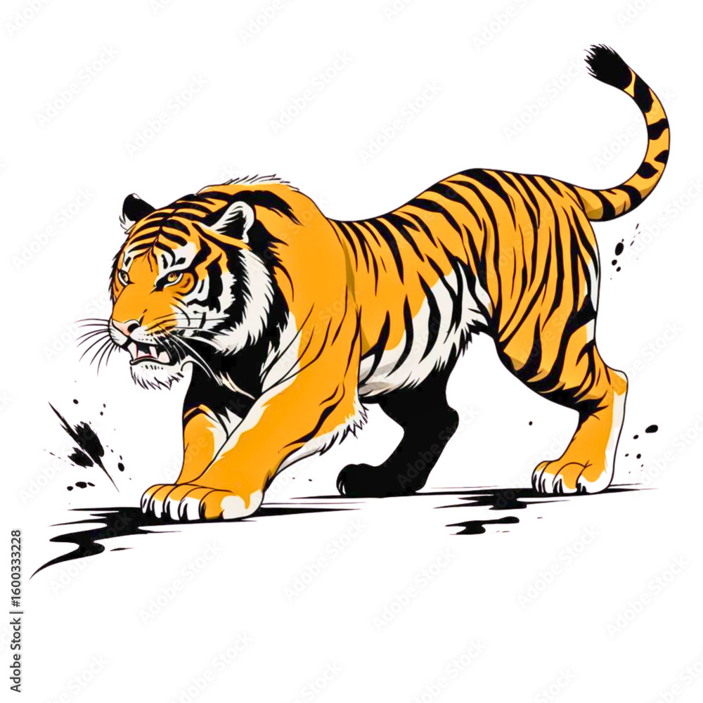Poster aggressive tiger with open mouth and sharp claws crouching low