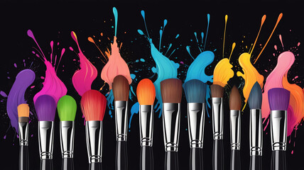 A vivid arrangement of makeup brushes with colorful paint splashes in purple, pink, green, orange, blue, and yellow against a black background. Features smooth handles and soft brush textures.
