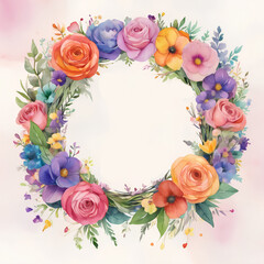 A vibrant floral wreath illustration with colorful roses and wildflowers in various shades of pink, orange, purple, and blue, showcasing delicate textures. Ideal for invitations or greeting cards.