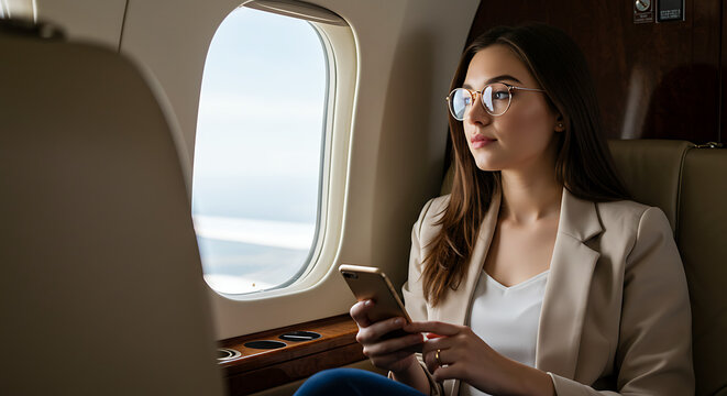 Elegant woman using smartphone on private jet during flight