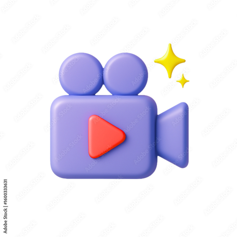 Poster 3d cartoon video camera with play button and stars isolated on transparent background