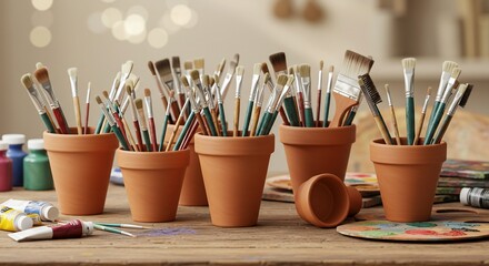 Assorted paintbrushes in terracotta pots on a rustic wooden table with paint tubes