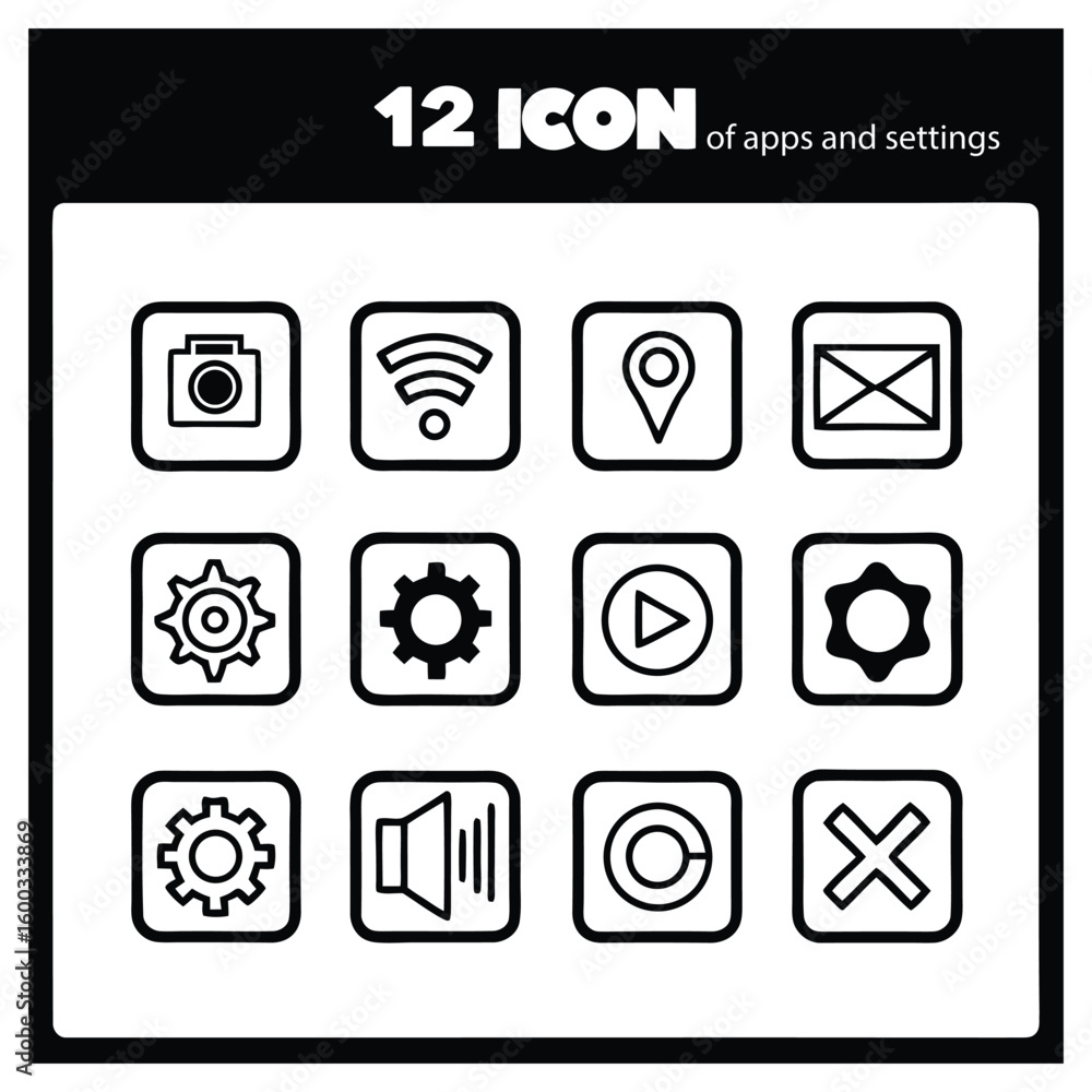 Poster set of 12 simple black and white outline icons for user interface design elements