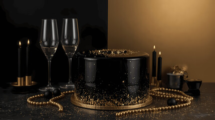 A decadent black cake with golden accents, champagne, and candles