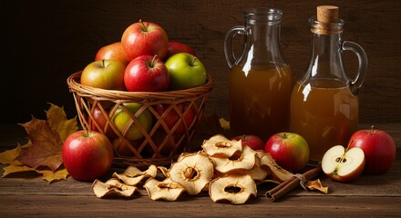 Autumn harvest: Apples in a basket, apple cider in glass pitchers, dried apple slices, and cinnamon sticks on a rustic wooden table.