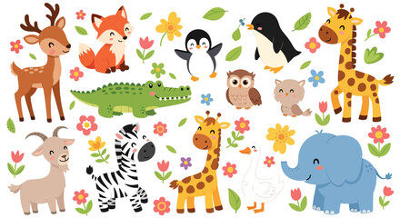 Obraz premium Cute Animal Vector Illustration with Cartoon Wildlife and Floral Elements in Colorful Playful Style