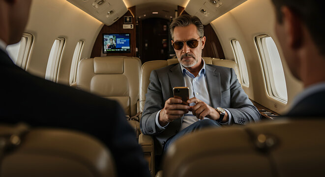 Executive travels in private jet working on smartphone with colleagues - Powered by Adobe