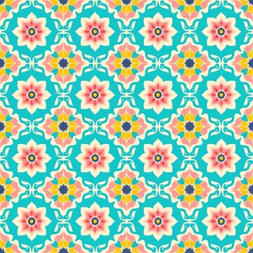 Seamless tile illustration featuring Peranakan floral motifs. Vibrant Nyonya pattern uses bright teal background with repeating floral elements in pink, yellow, white, evoking traditional Malaysian,