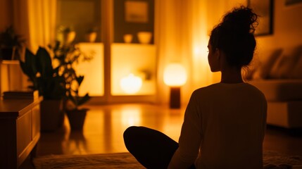 woman doing gentle nighttime stretches in a quiet, softly lit room,
