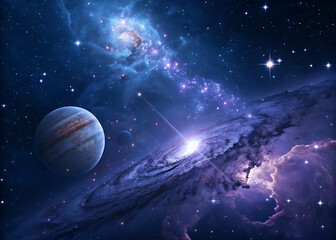 A captivating image of deep space filled with bright nebulae, shining stars and mysterious planets.