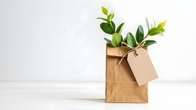 Eco friendly gift bag with greenery and tag mockup for sustainable branding and packaging