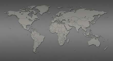 Embossed world map, grayscale, textured background, global geography.