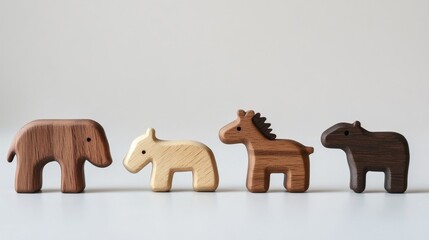 ultra realistic photo of a 5 small recycled wood animal toys for kids natural color in a white background. minimalistic --