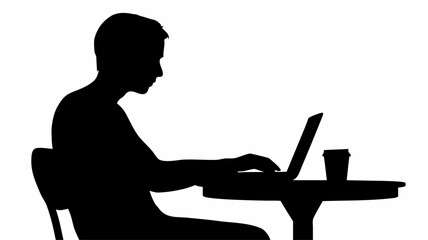 Silhouette of a person sitting at a table using a laptop with a cup next to the computer screen view