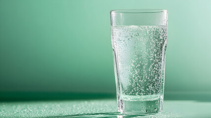 Tall glass of sparkling water with bubbles on a green background refreshment clear liquid