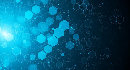 Abstract blue background with interconnected hexagons and molecules forming a complex network design