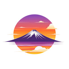 Stylized mount fuji at sunset with purple and orange sky and clouds