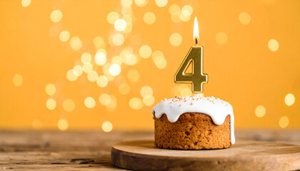 Small birthday cake with burning candle, number four. 4 years old. Tasty festive dessert. Sweet food