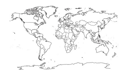 Fototapeta premium A blank political world map illustration, showing country borders in outline against a white background.