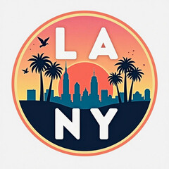 Iconic la and ny cityscapes with palm trees and birds at sunset