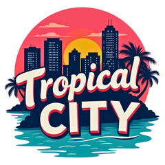 Retro tropical city skyline with palm trees and sunset over water