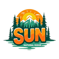 Vibrant sun logo with mountains and pine trees over natural ridge text