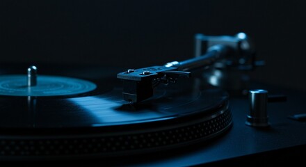 Close-up of a turntable with a vinyl record, capturing the essence of analog music and vintage audio equipment in a low light setting.