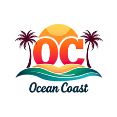 Ocean coast logo with palm trees and sunset over waves