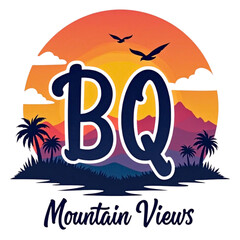 Bq mountain views logo with a tropical sunset and palm trees