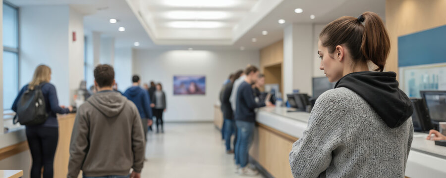 People wait in line at counter. Young woman in grey sweater, black hoodie looks down, anticipating service. Customers stand in queue, suggesting busy business office environment, possibly for