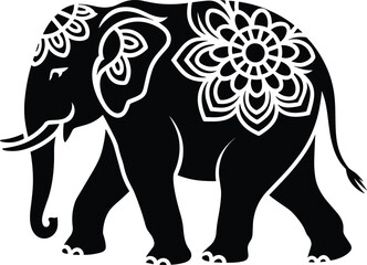 Black elephant silhouette, floral mandala pattern, vector illustration, decorative animal graphic, line art drawing, tribal design, flat sketch, artistic decoration