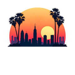 Vibrant sunset over a city skyline with palm trees silhouette