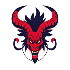 Fierce red demon head with large curved horns and glowing yellow eyes