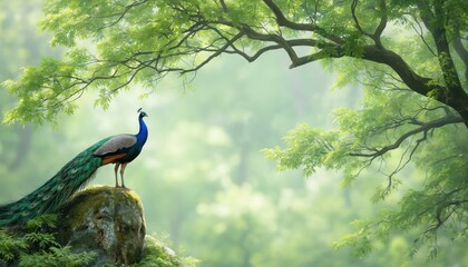 Fototapeta premium Majestic peacock with vibrant green, blue feathers stands proudly on mossy rock. Green foliage, blurred forest background create serene, natural setting. Bird sharp focus, tail feathers fan out.