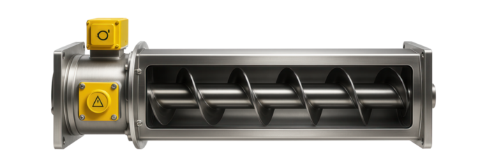 Screw conveyor with a stainless steel casing for moving and sorting granular materials in a chemical plant