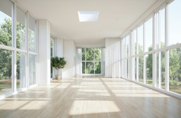 Obraz premium Bright spacious modern interior features large floor-to-ceiling windows, hardwood flooring. Open plan living space bathed in natural sunlight offers airy, minimalist aesthetic, inviting ambience.