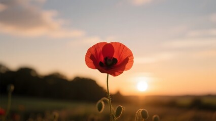 A vibrant red poppy stands in silhouette against a soft, golden sunset sky.