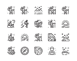 Set of outdoor adventure and hiking activity symbols representing mountain exploration and travel